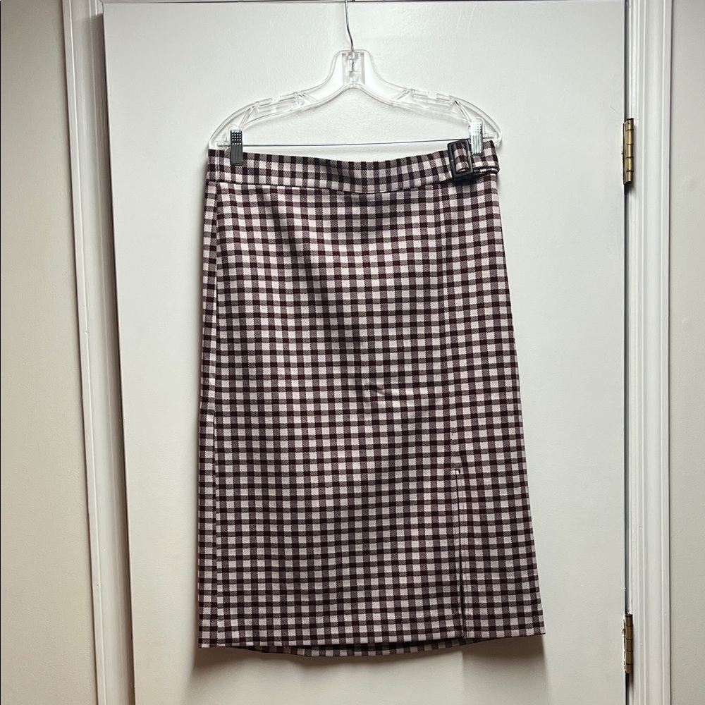 Purple and Pale Pink Plaid Midi Skirt with front Slit and Faux Belt - Size 8